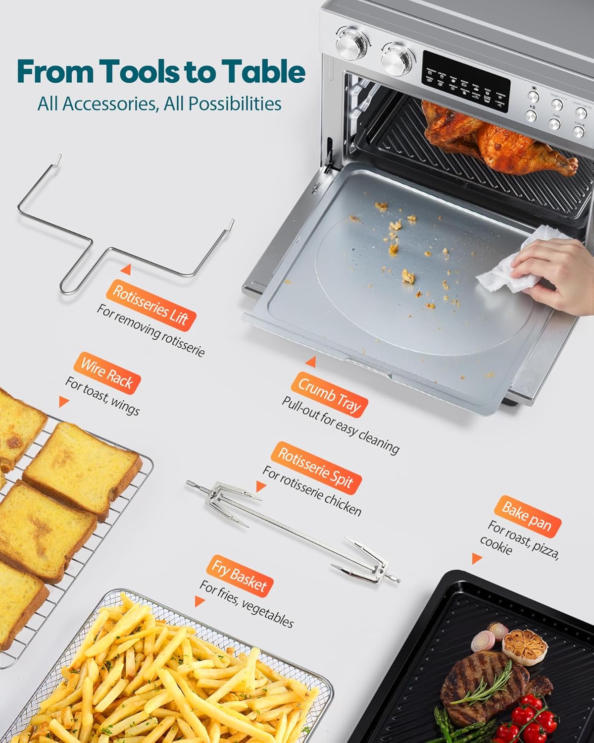 28QT Air Fryer Toaster Oven Combo, Large 12-in-1 Convection Countertop Oven with 3-Layer Cooking, Rotisserie for Chicken, 6 Heating Tubes, Fast Preheat, Fits 11" Pizza, Full Accessories, Sparkle Black