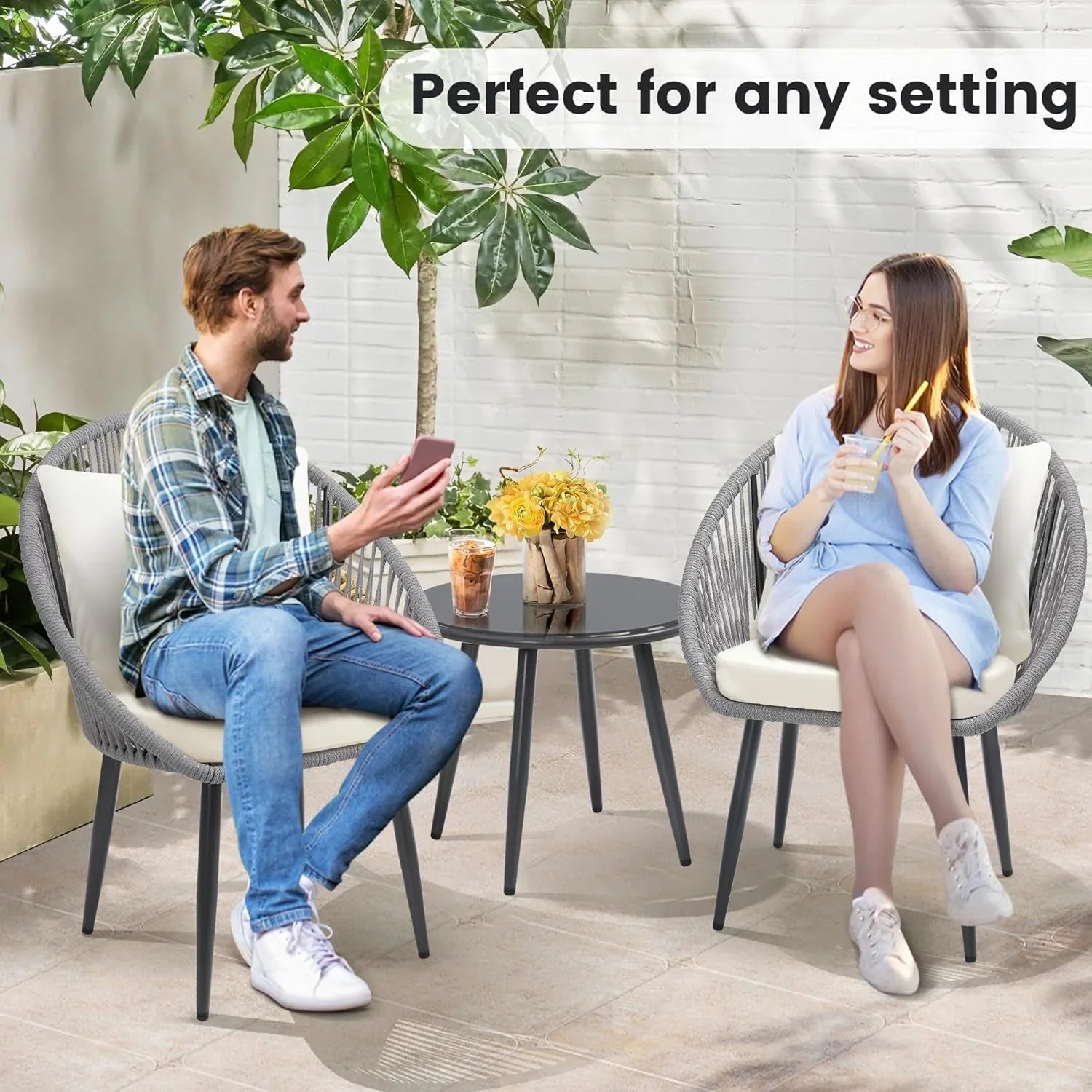3 Piece Bistro Set Woven Rope Chair with Cushions All Weather Patio Conversation Set Side Table