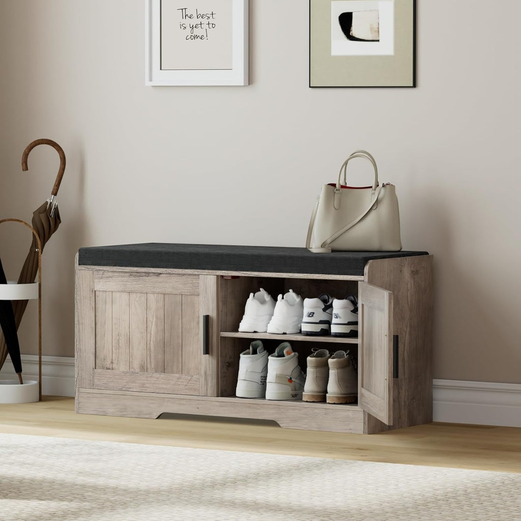 2-Tier Storage Bench, Shoe Bench with Thickened Padded Seat Cushion, Entryway Bench with 4 Doors, Adjustable Shelf, 13.8 D x 45.3 W x 18.5 H, for Entryway, Living Room, Bedroom, White