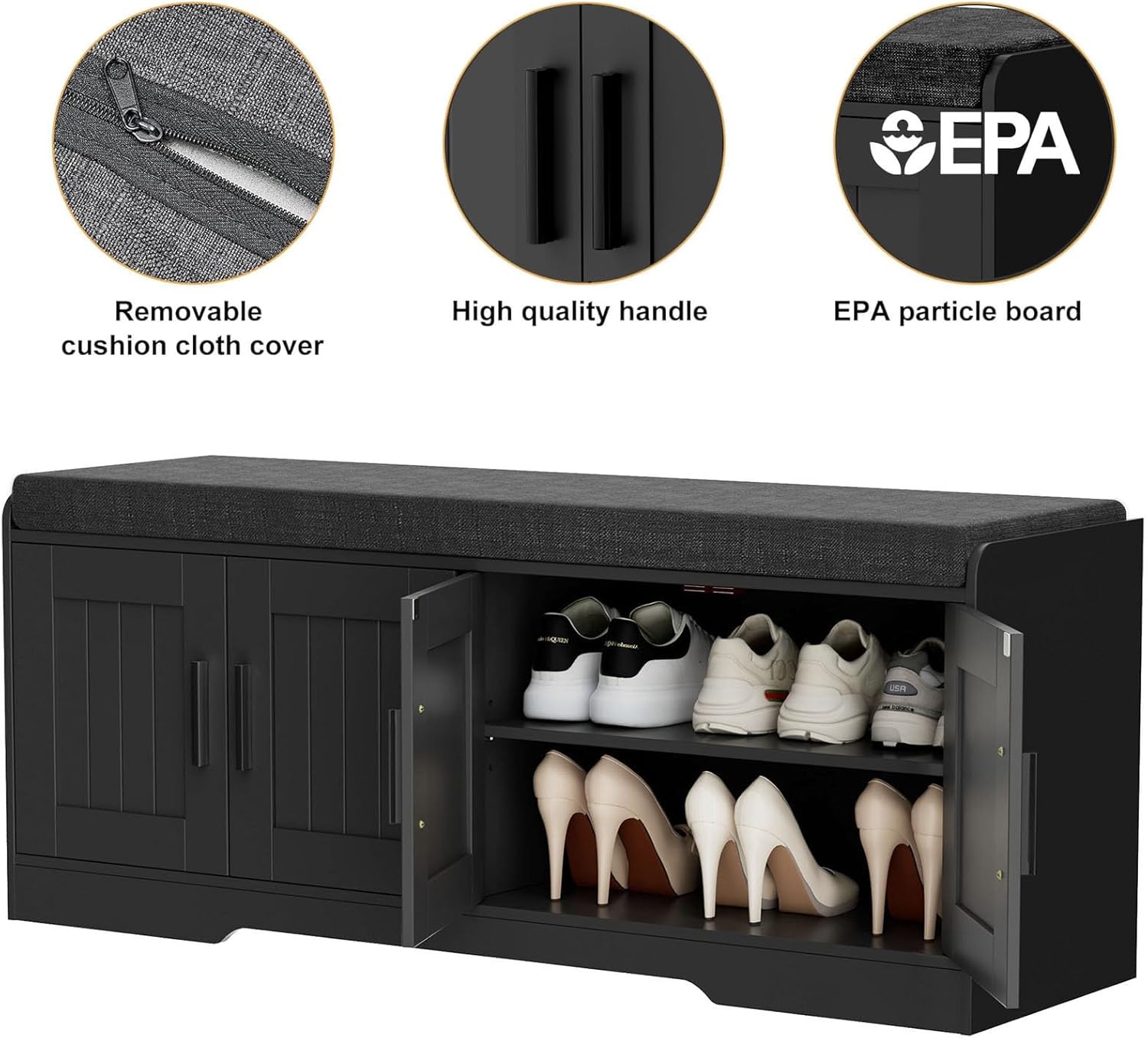 2-Tier Storage Bench, Shoe Bench with Thickened Padded Seat Cushion, Entryway Bench with 4 Doors, Adjustable Shelf, 13.8 D x 45.3 W x 18.5 H, for Entryway, Living Room, Bedroom, White