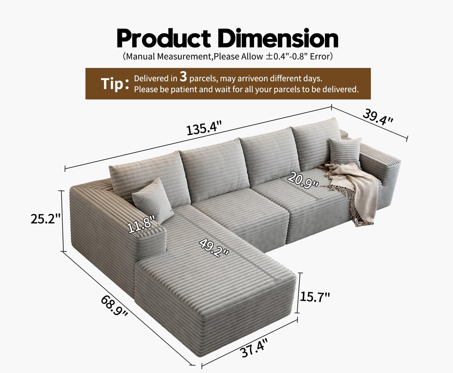 107.5 Cloud Modular Sectional Sofa Couch with L-Shape Chaise,Modern Minimalist Upholstered Couches for Living Room Bedroom,Deep Seat Corner Couch锛孨o Assembly Required (Black,Left Facing Chaise)