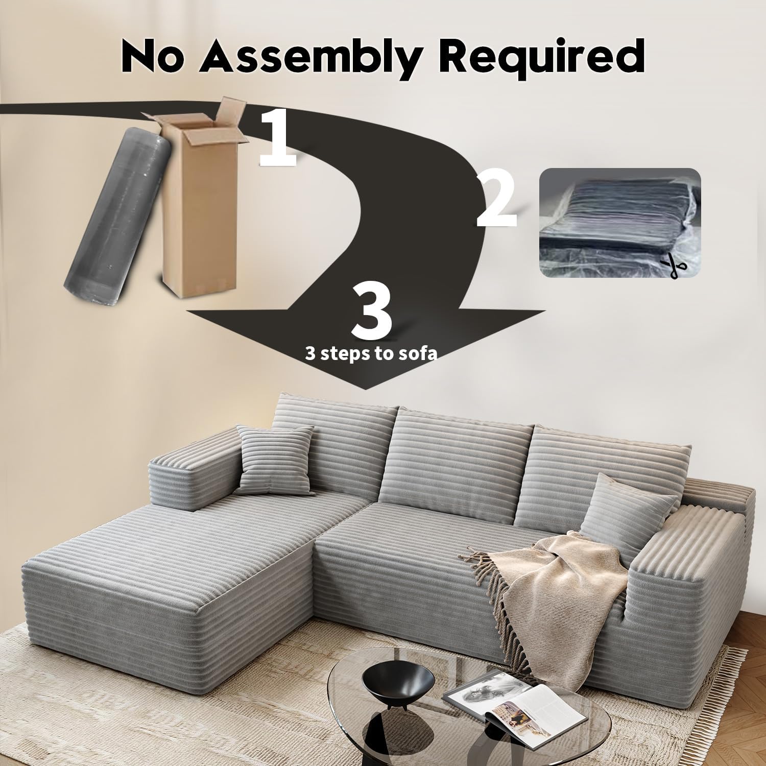 107.5 Cloud Modular Sectional Sofa Couch with L-Shape Chaise,Modern Minimalist Upholstered Couches for Living Room Bedroom,Deep Seat Corner Couch锛孨o Assembly Required (Black,Left Facing Chaise)