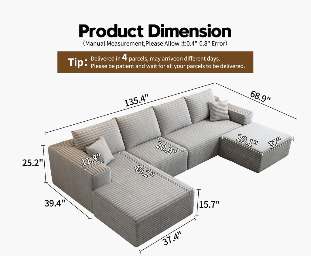 107.5 Cloud Modular Sectional Sofa Couch with L-Shape Chaise,Modern Minimalist Upholstered Couches for Living Room Bedroom,Deep Seat Corner Couch锛孨o Assembly Required (Black,Left Facing Chaise)