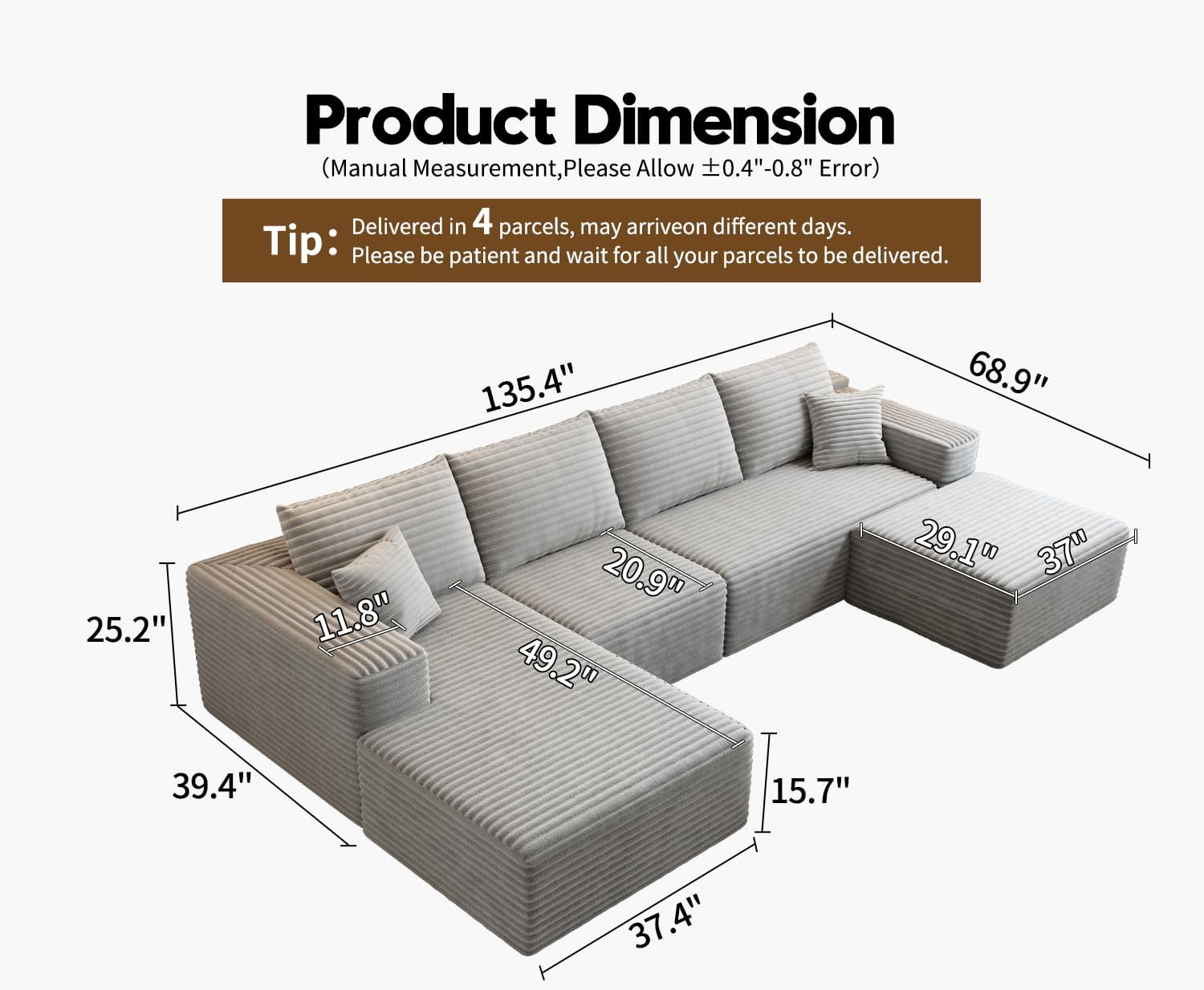 107.5 Cloud Modular Sectional Sofa Couch with L-Shape Chaise,Modern Minimalist Upholstered Couches for Living Room Bedroom,Deep Seat Corner Couch锛孨o Assembly Required (Black,Left Facing Chaise)