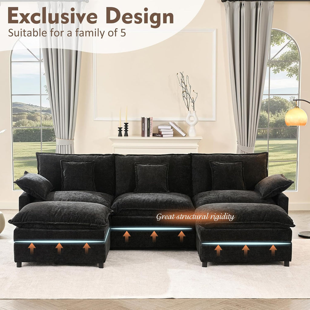 108" U Shaped Couch, Modular Sectional Sofa, 3-Seater Comfy Cloud Couch with Movable Ottoman, Deep Seat Couches for Living Room, Chenille, Slate