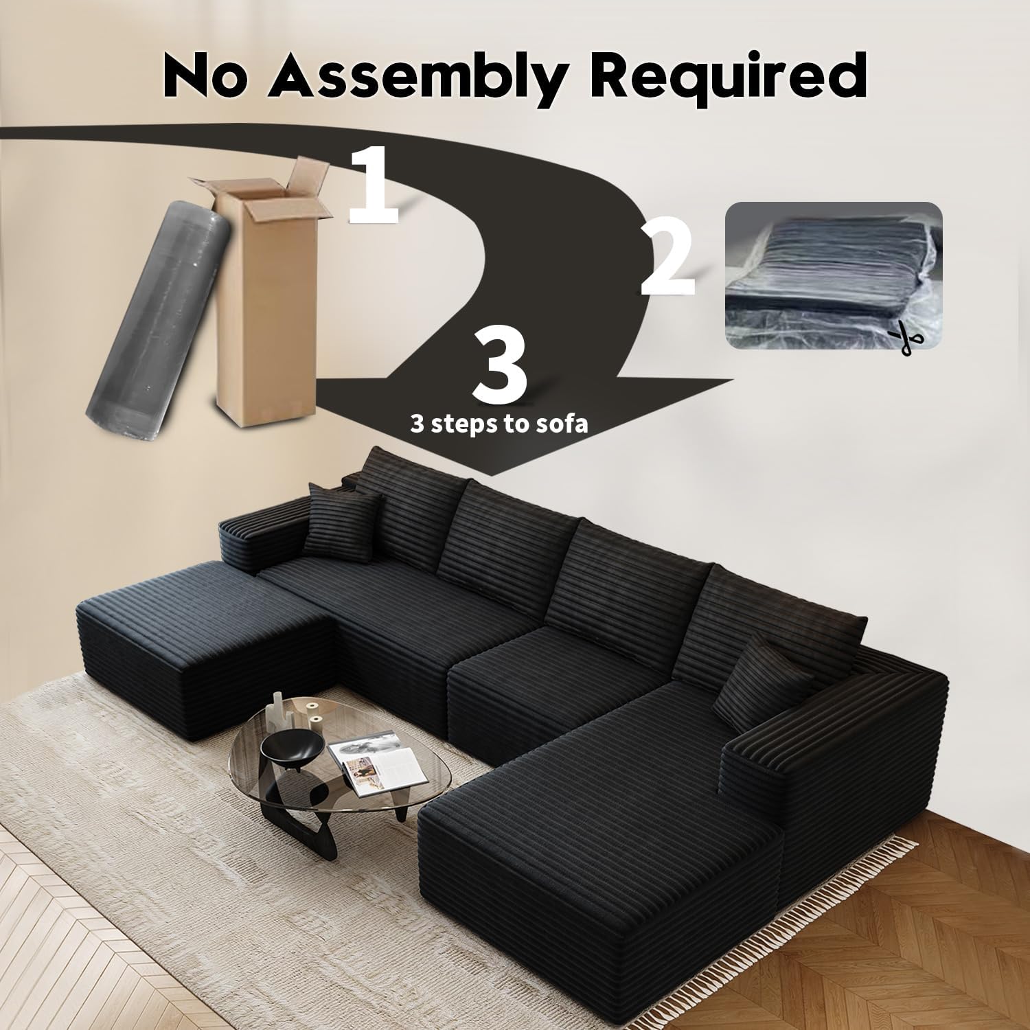 107.5 Cloud Modular Sectional Sofa Couch with L-Shape Chaise,Modern Minimalist Upholstered Couches for Living Room Bedroom,Deep Seat Corner Couch锛孨o Assembly Required (Black,Left Facing Chaise)