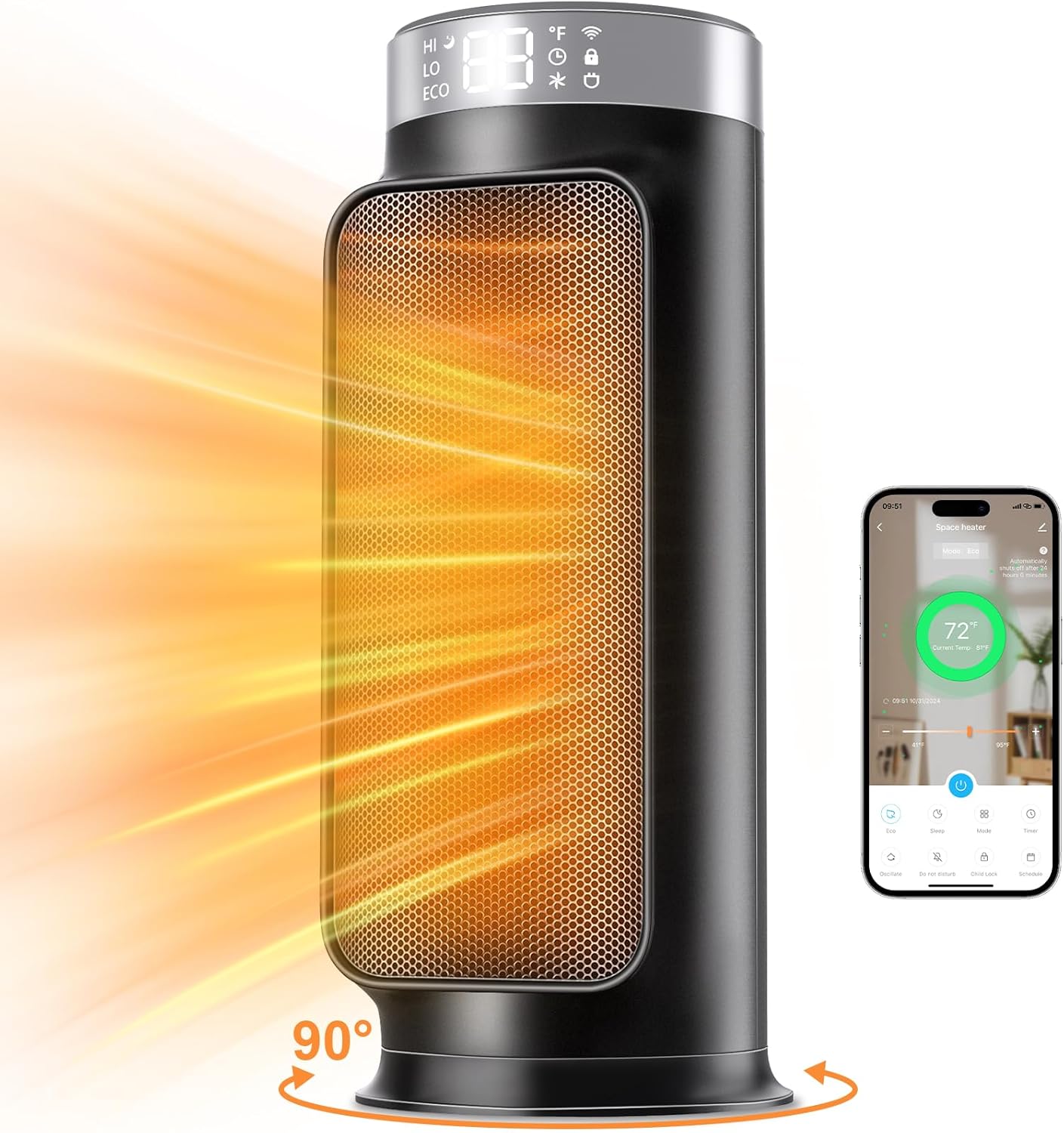 1500W Space Heaters for Indoor Use, Smart PTC Electric Heater with Wifi/App & Remote Control, 24H Timer, 90æŽ?Oscillation, Overheat and Tip-Over Protection, 5 Modes for Home Office Bedroom Bathroom
