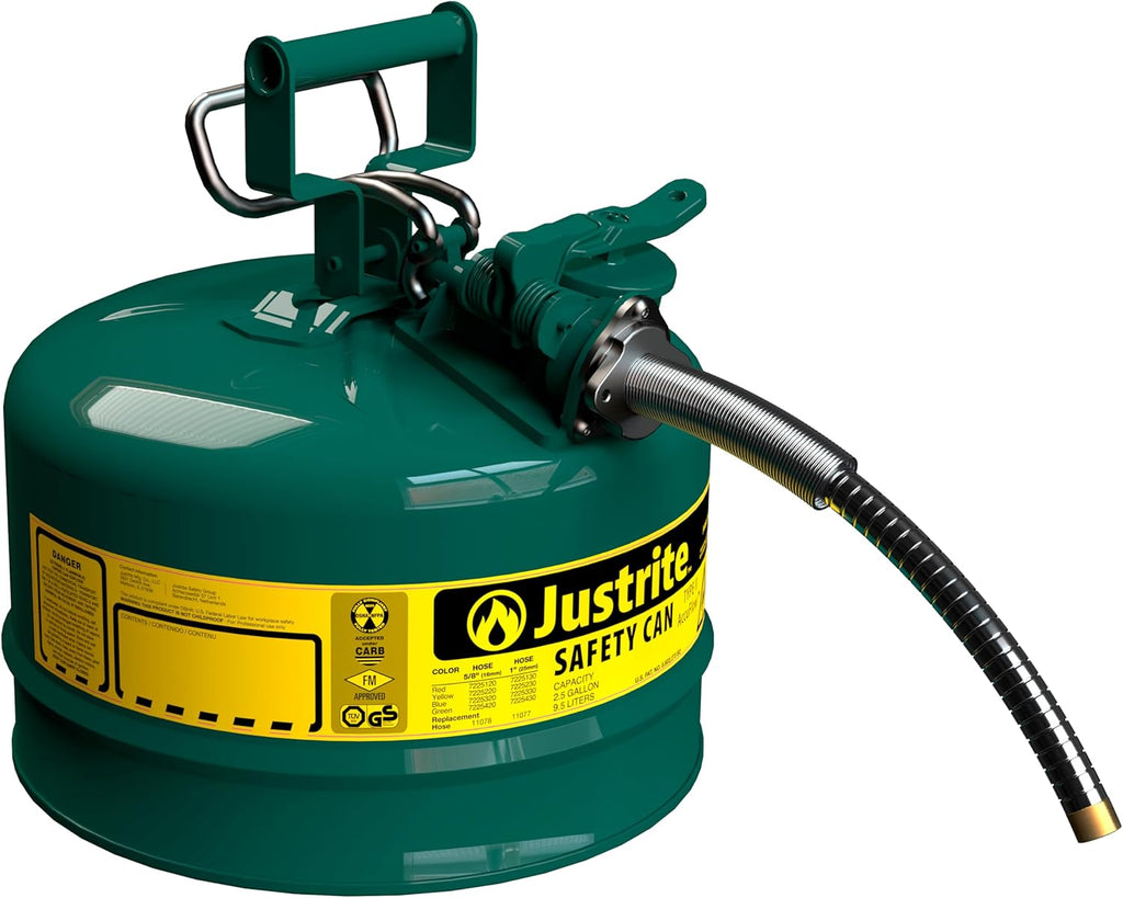 Justrite 5-Gallon Type II Red Safety Gas Can OSHA-Approved Steel Fuel Container with Flame Arrester, Self-Closing Lid & 1" Flexible Spout (7250130)