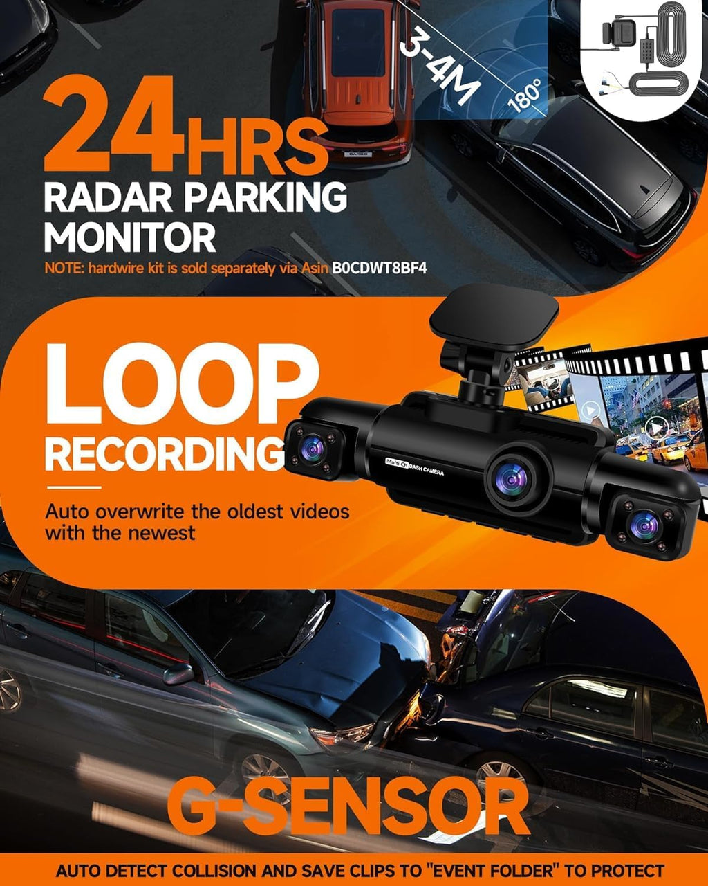 360æŽ?Dash Cam 4-Channel FHD 4*1080P Wi-Fi GPS Voice Control Car Camera, Front 2K+1080P*2 Dash Cam, with 64GB SD Card, Night Vision, 24-Hour Parking Mode