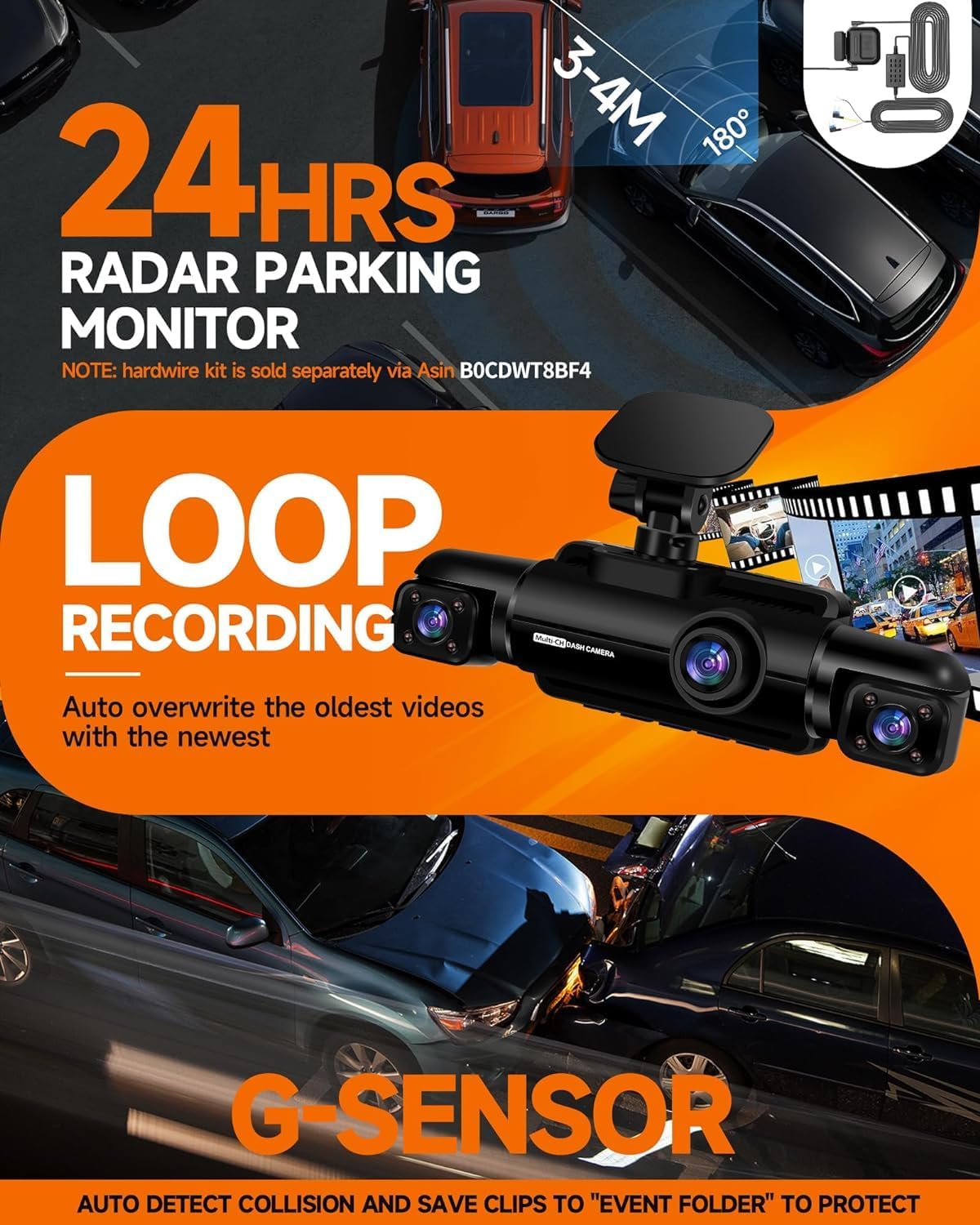 360æŽ?Dash Cam 4-Channel FHD 4*1080P Wi-Fi GPS Voice Control Car Camera, Front 2K+1080P*2 Dash Cam, with 64GB SD Card, Night Vision, 24-Hour Parking Mode