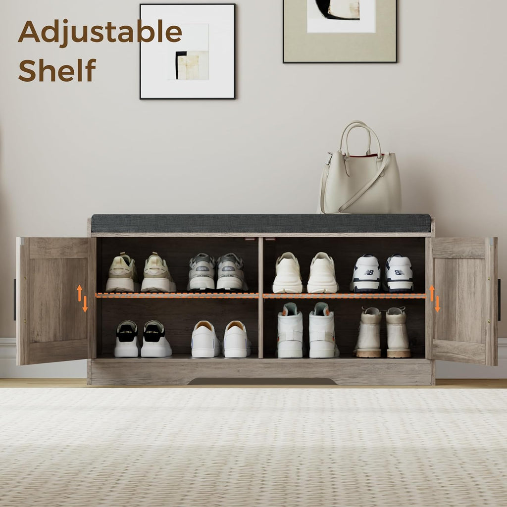 2-Tier Storage Bench, Shoe Bench with Thickened Padded Seat Cushion, Entryway Bench with 4 Doors, Adjustable Shelf, 13.8 D x 45.3 W x 18.5 H, for Entryway, Living Room, Bedroom, White
