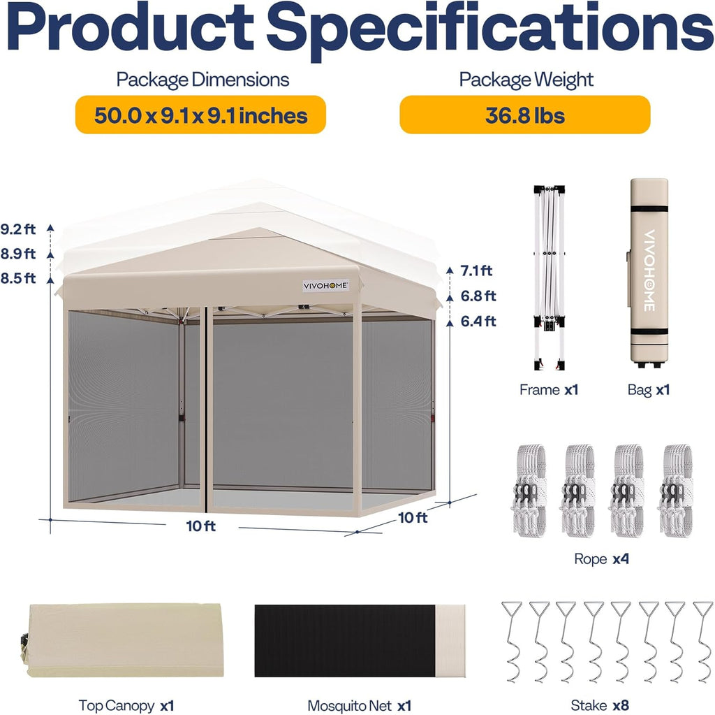 10x10ft Easy Pop-Up Canopy, Outdoor Screen Tent with Mosquito Netting, 2 Zipper Doors, and Roller Bag for Yard Camping Picnic Party Events, Beige