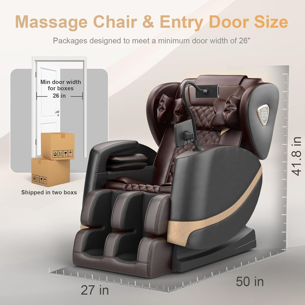 2025 Massage Chair Full Body, Zero Gravity Massage Chair with 10 Fix Rollers, Heating, Foot Massage, Auto Modes, Bluetooth Speaker, Touch Screen Controller (Brown Premium)