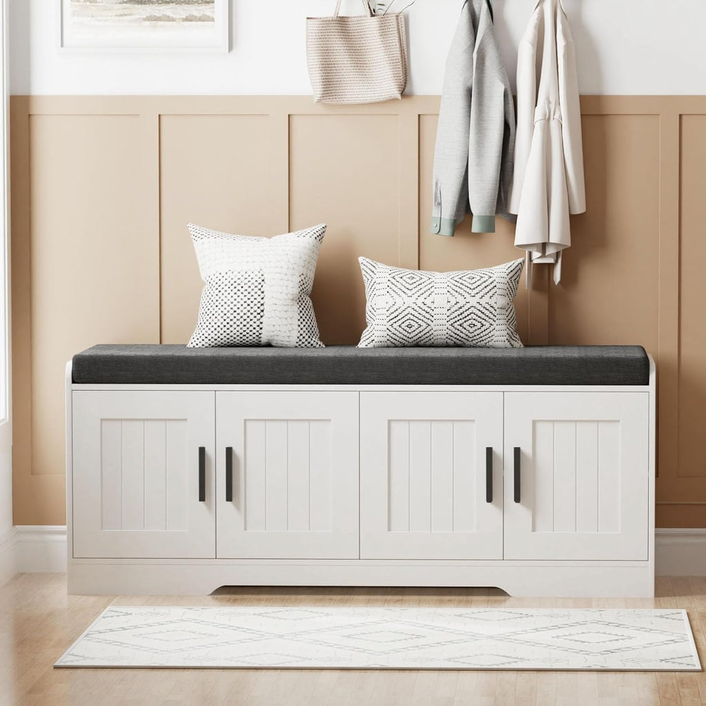 2-Tier Storage Bench, Shoe Bench with Thickened Padded Seat Cushion, Entryway Bench with 4 Doors, Adjustable Shelf, 13.8 D x 45.3 W x 18.5 H, for Entryway, Living Room, Bedroom, White