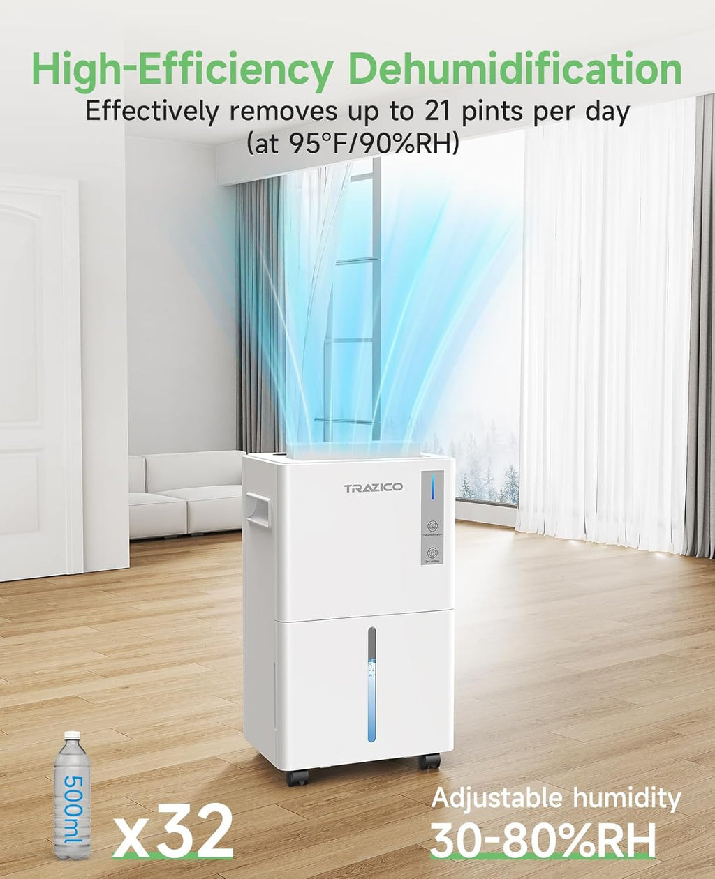 1500 Sq.ft Dehumidifier for Basement 21 Pint Dehumidifiers for Home Large Room with Drain Hose, Smart Humidity Control, 3 Modes, 24H Timer, Auto Defrost, Ideal for Bedrooms, Bathroom, White