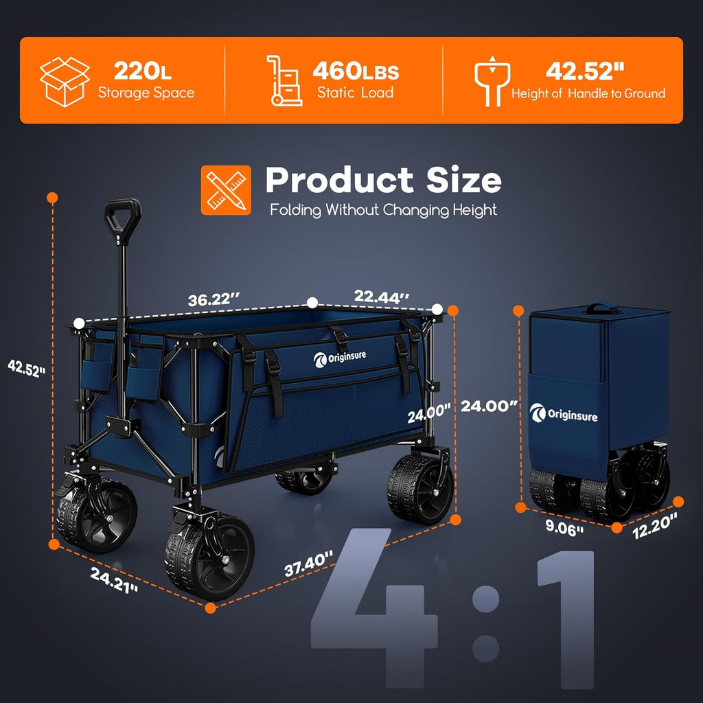38 long foldable four-wheel stroller, foldable, 460 lb capacity, 220 liter heavy-duty folding beach stroller with large all-terrain tires