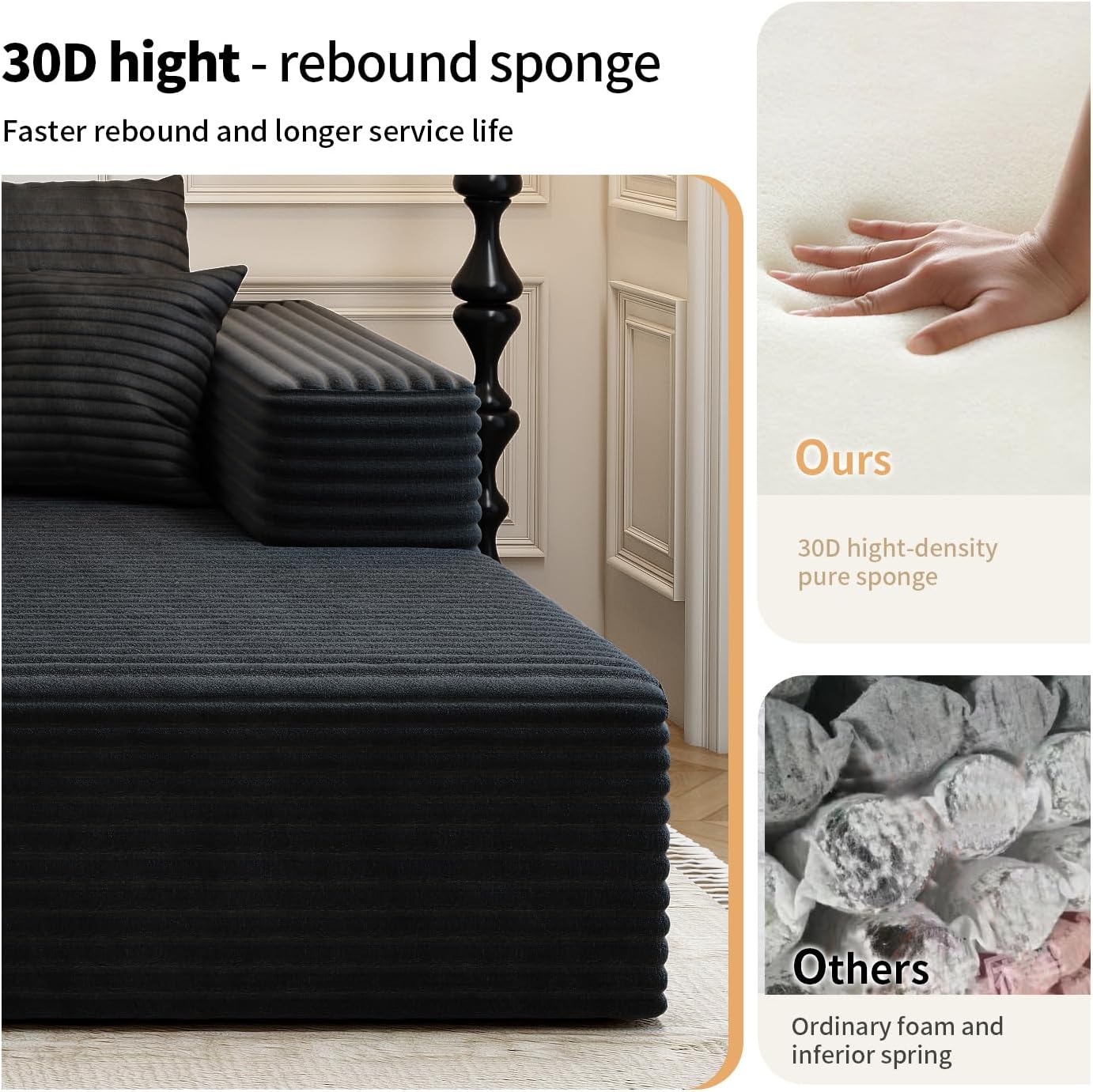 107.5 Cloud Modular Sectional Sofa Couch with L-Shape Chaise,Modern Minimalist Upholstered Couches for Living Room Bedroom,Deep Seat Corner Couch锛孨o Assembly Required (Black,Left Facing Chaise)