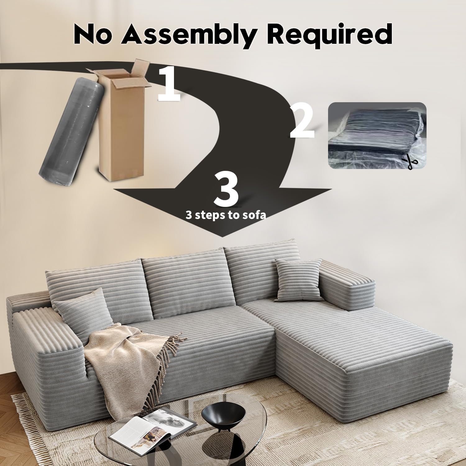 107.5 Cloud Modular Sectional Sofa Couch with L-Shape Chaise,Modern Minimalist Upholstered Couches for Living Room Bedroom,Deep Seat Corner Couch锛孨o Assembly Required (Black,Left Facing Chaise)