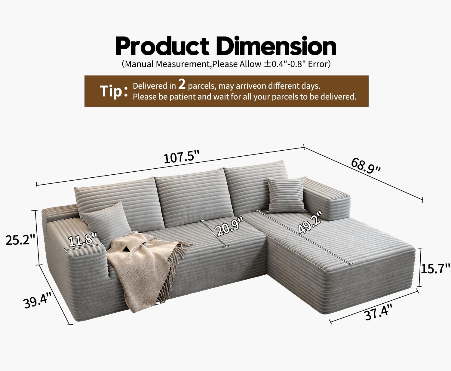 107.5 Cloud Modular Sectional Sofa Couch with L-Shape Chaise,Modern Minimalist Upholstered Couches for Living Room Bedroom,Deep Seat Corner Couch锛孨o Assembly Required (Black,Left Facing Chaise)