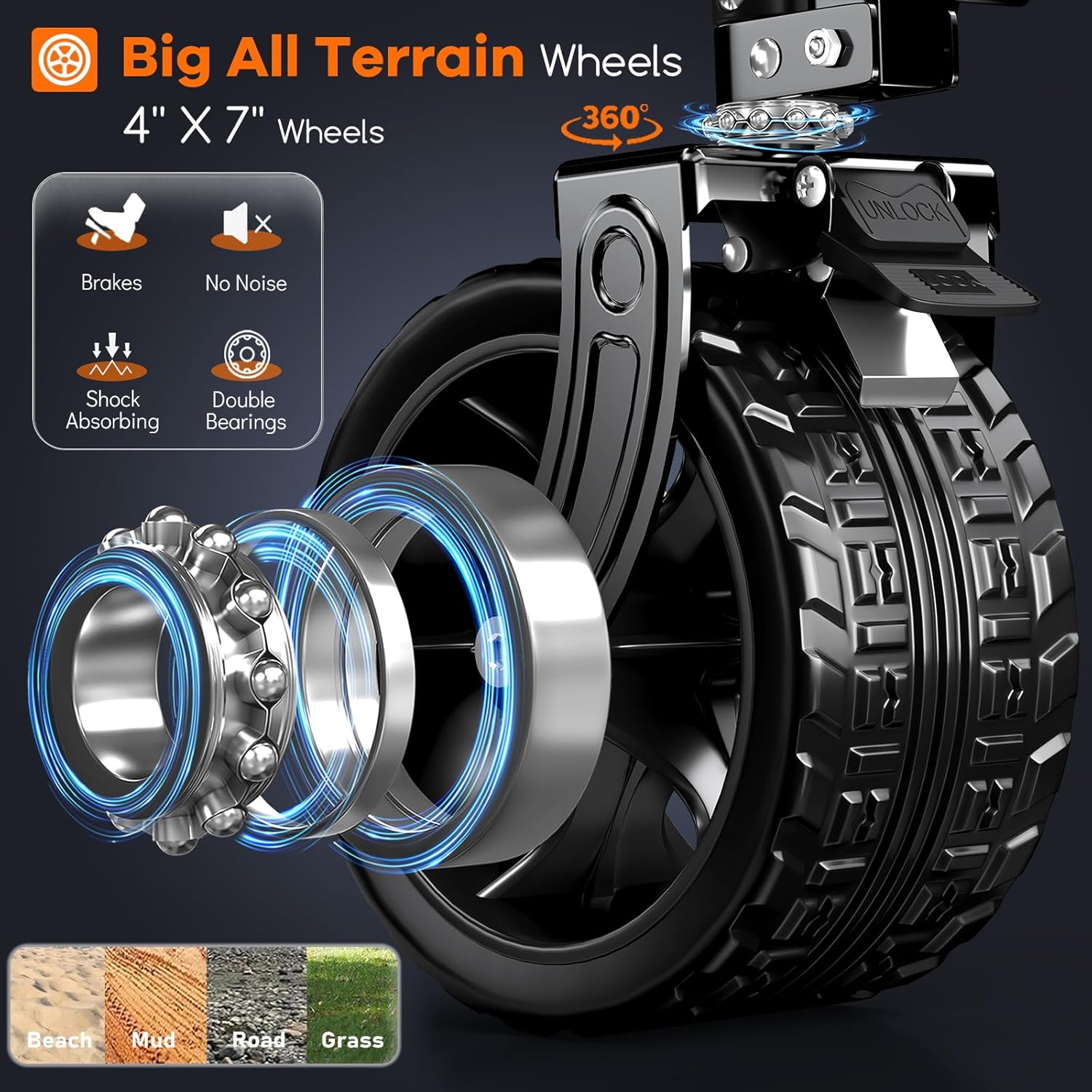 38 long foldable four-wheel stroller, foldable, 460 lb capacity, 220 liter heavy-duty folding beach stroller with large all-terrain tires