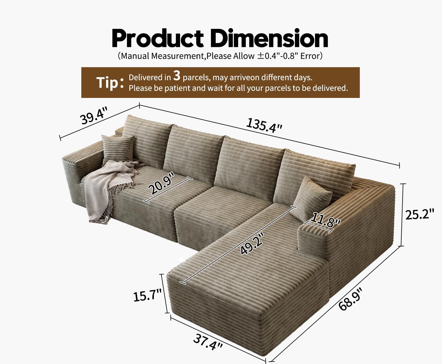 107.5 Cloud Modular Sectional Sofa Couch with L-Shape Chaise,Modern Minimalist Upholstered Couches for Living Room Bedroom,Deep Seat Corner Couch锛孨o Assembly Required (Black,Left Facing Chaise)