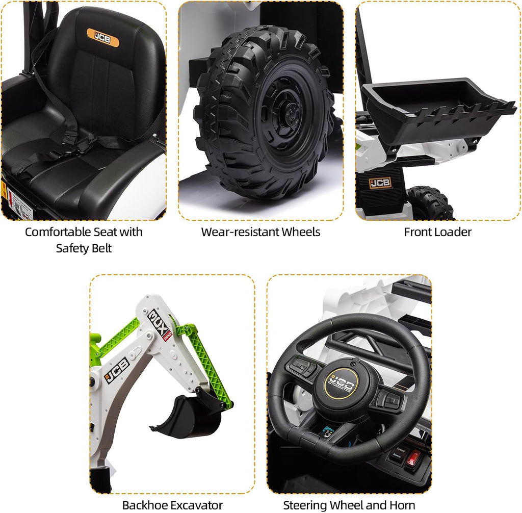 12V JCB Ride On Excavator, Ride on Toys for Kids 4-8, Electric Car for Kids with Tractor, Bulldozer, Digging Arm, Backhoe Toy Car with Slow Start/Stop, Adjustable Speeds