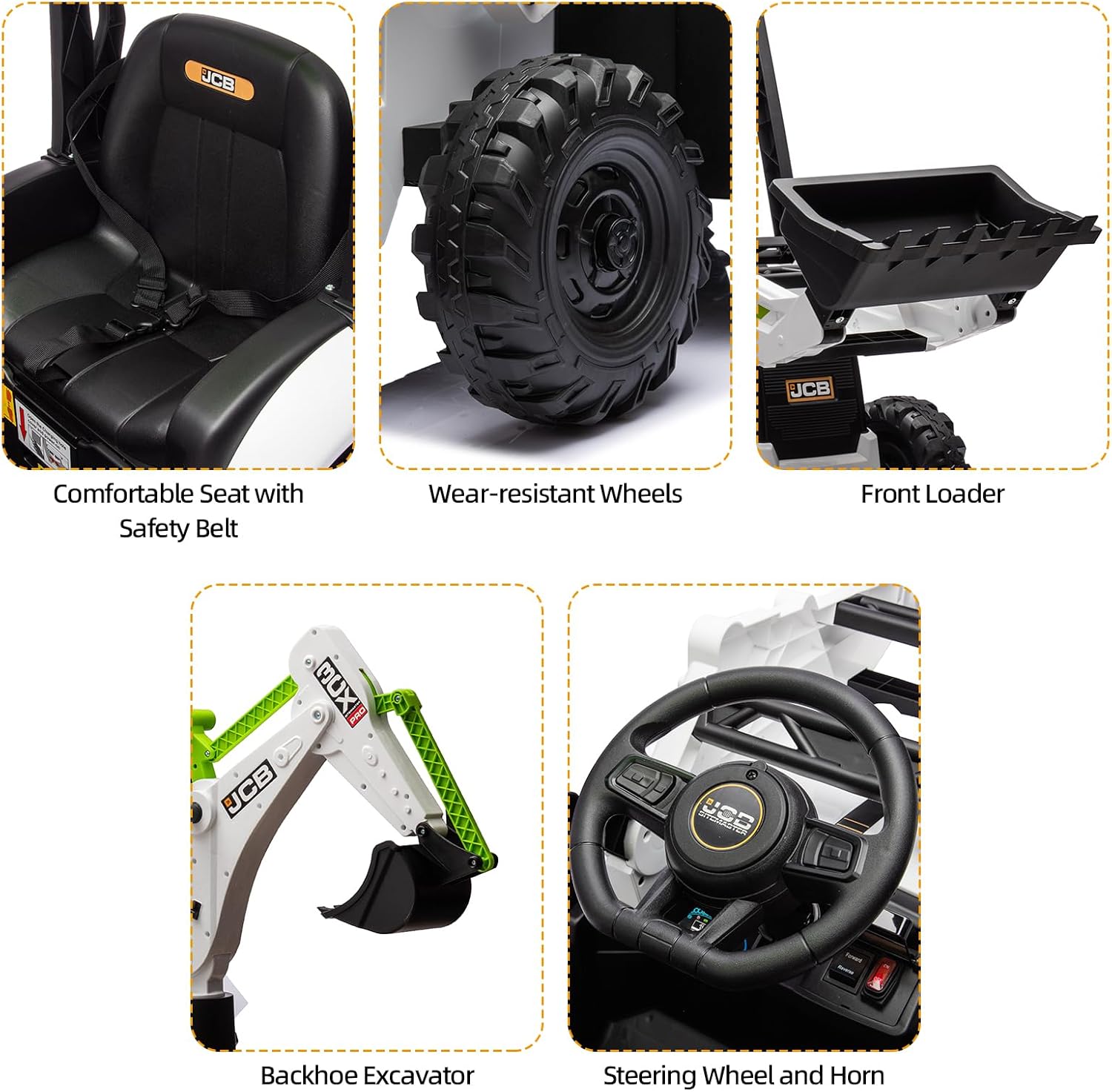 12V JCB Ride On Excavator, Ride on Toys for Kids 4-8, Electric Car for Kids with Tractor, Bulldozer, Digging Arm, Backhoe Toy Car with Slow Start/Stop, Adjustable Speeds