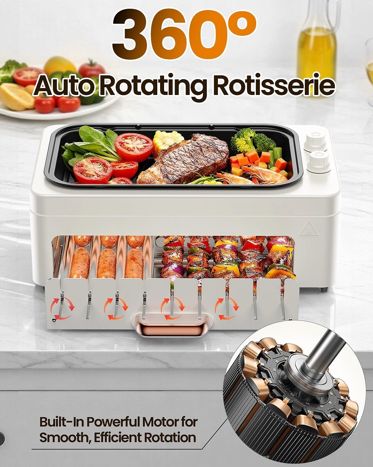 4-in-1 Electric Indoor Grill Smokeless for Home,Countertop Electric Grill with Removable Sizzling Grill Pan & Grate + Auto Rotating Kabob Skewers + Electric Hot Dog Roller Dual Zone Cook with Lid