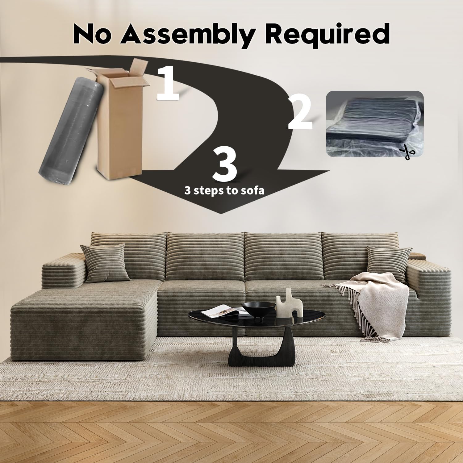 107.5 Cloud Modular Sectional Sofa Couch with L-Shape Chaise,Modern Minimalist Upholstered Couches for Living Room Bedroom,Deep Seat Corner Couch锛孨o Assembly Required (Black,Left Facing Chaise)