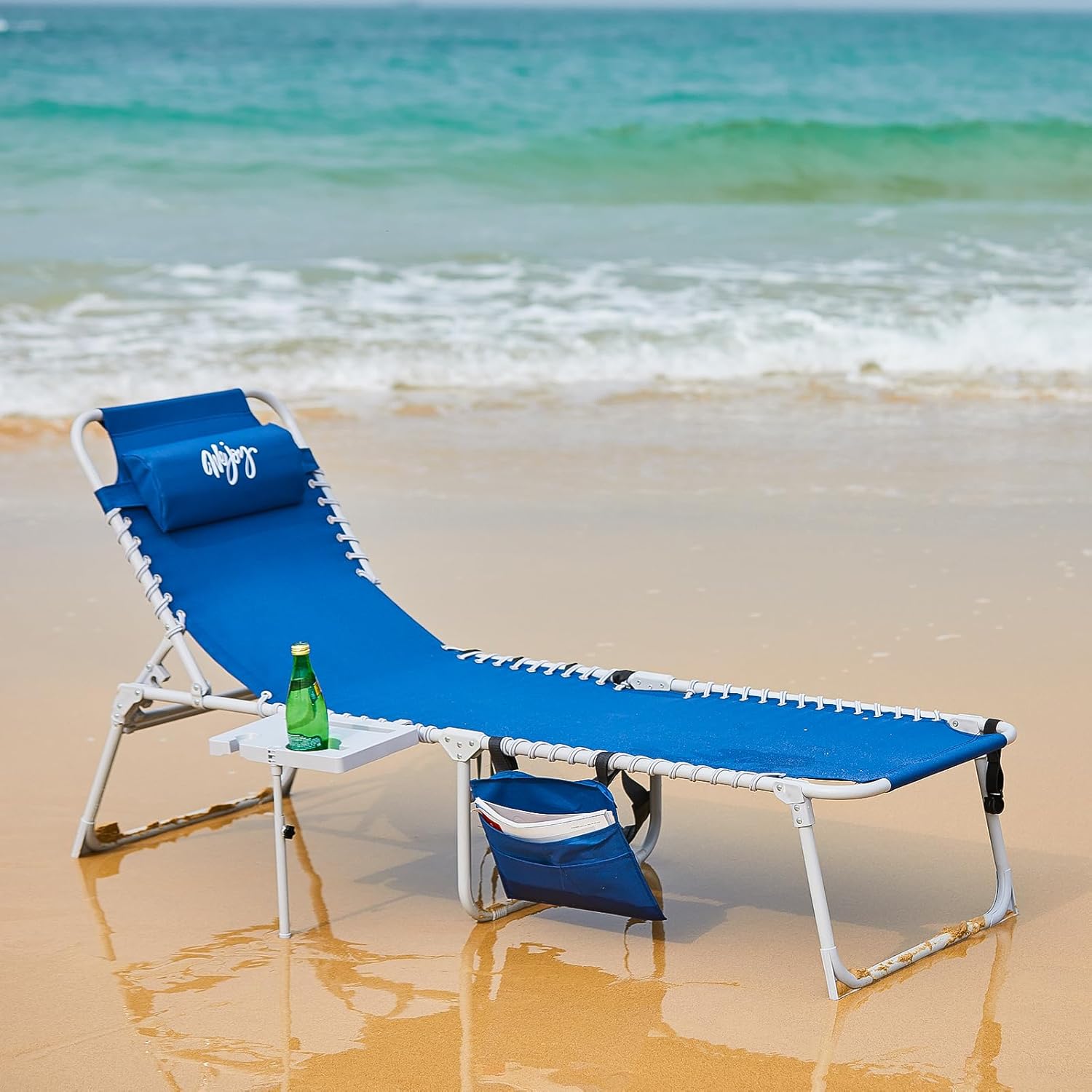 2 Pack Outdoor Chaise Lounge Chair - Portable Folding Patio Pool Lounge Chair, 5 Positions Adjustable Reclining Camping Chair with Side Table,Shoulder Strap, Pillow for Beach Sunbathing Lawn