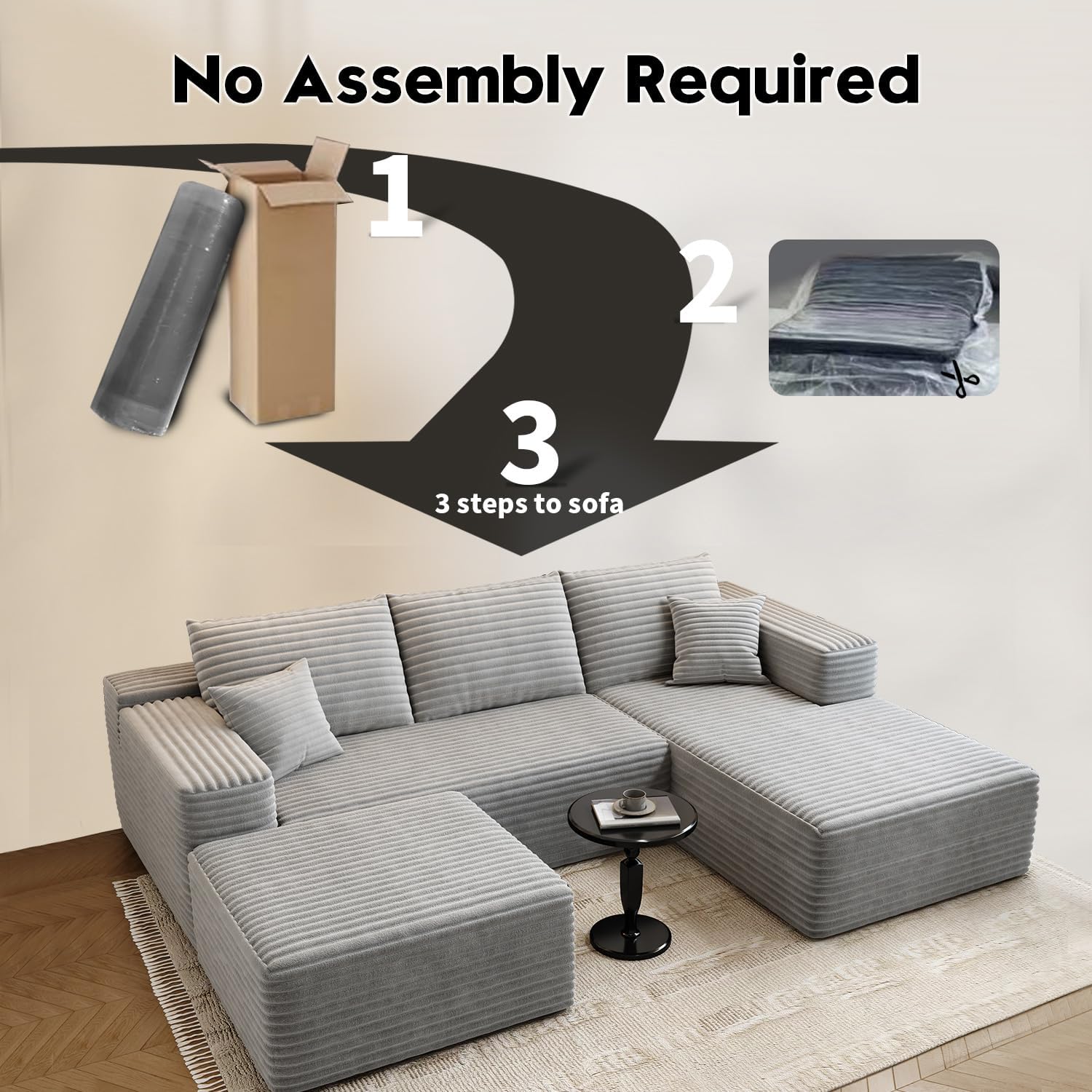 107.5 Cloud Modular Sectional Sofa Couch with L-Shape Chaise,Modern Minimalist Upholstered Couches for Living Room Bedroom,Deep Seat Corner Couch锛孨o Assembly Required (Black,Left Facing Chaise)