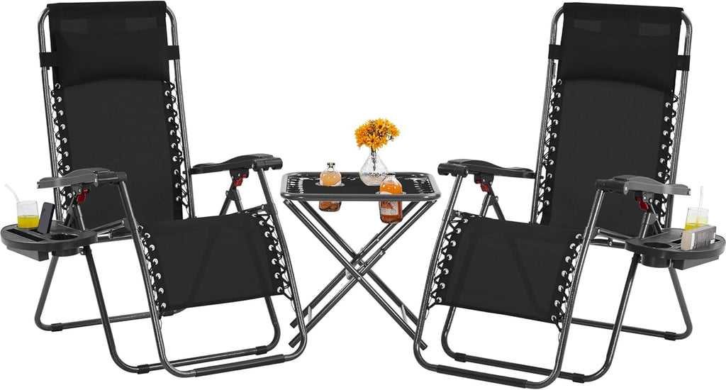 3PCS Zero Gravity Recliner Portable Outdoor Reclining Chair Set w/Side Table Folding Chaise Lounge Chairs
