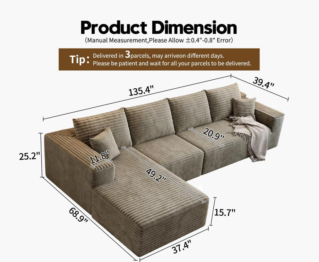107.5 Cloud Modular Sectional Sofa Couch with L-Shape Chaise,Modern Minimalist Upholstered Couches for Living Room Bedroom,Deep Seat Corner Couch锛孨o Assembly Required (Black,Left Facing Chaise)