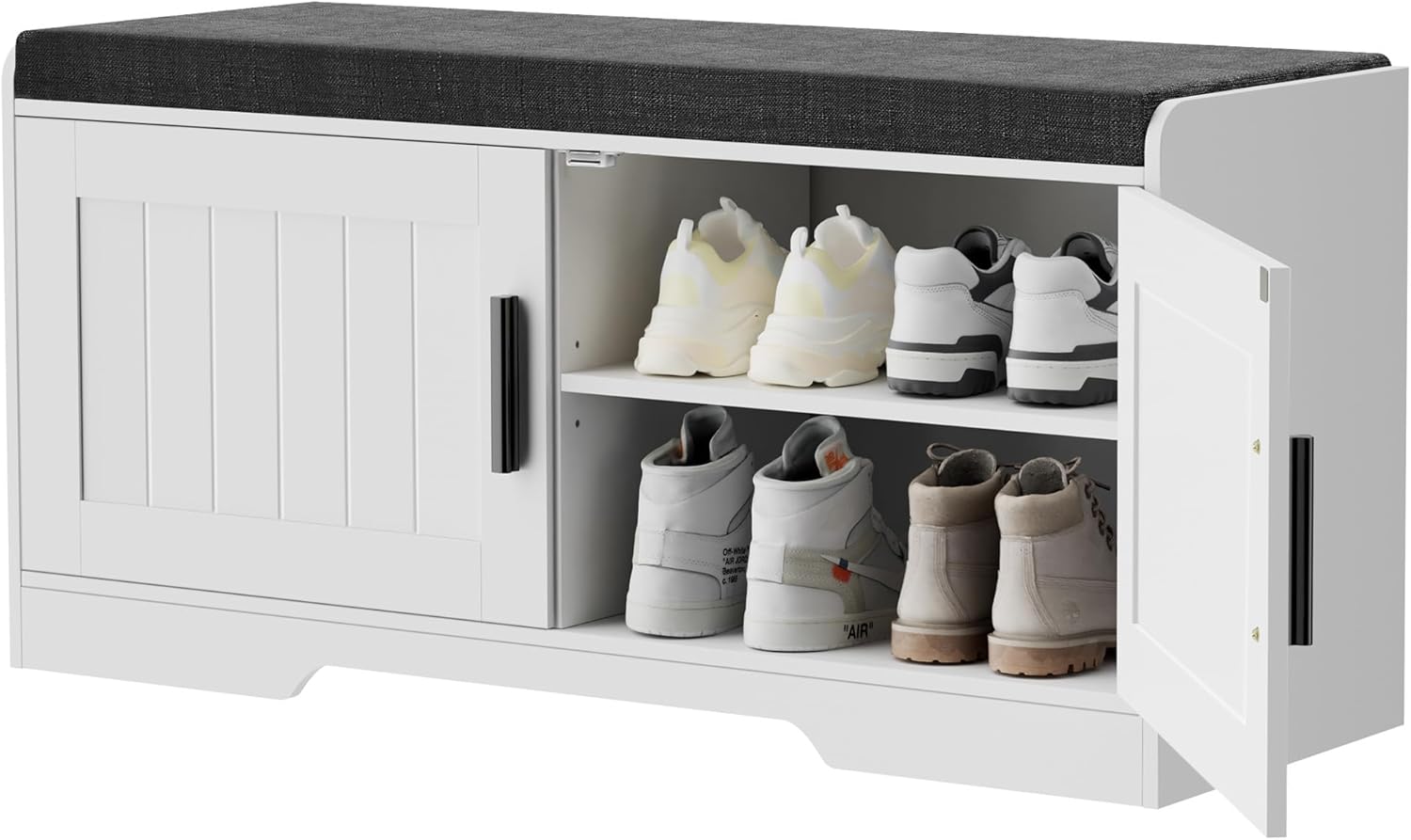 2-Tier Storage Bench, Shoe Bench with Thickened Padded Seat Cushion, Entryway Bench with 4 Doors, Adjustable Shelf, 13.8 D x 45.3 W x 18.5 H, for Entryway, Living Room, Bedroom, White