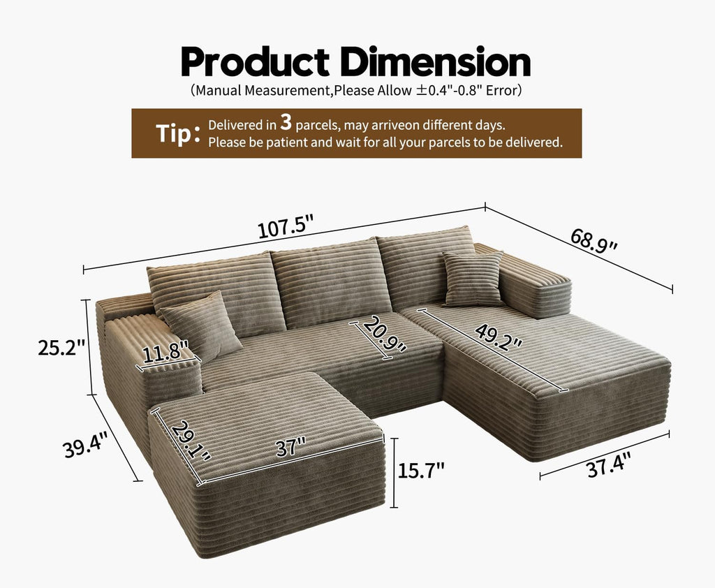 107.5 Cloud Modular Sectional Sofa Couch with L-Shape Chaise,Modern Minimalist Upholstered Couches for Living Room Bedroom,Deep Seat Corner Couch锛孨o Assembly Required (Black,Left Facing Chaise)