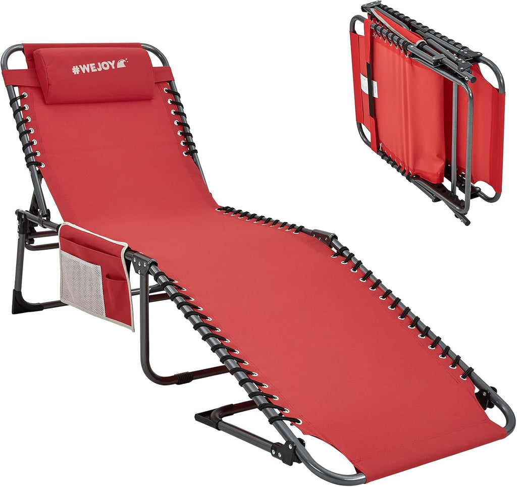 2 Pack Outdoor Chaise Lounge Chair - Portable Folding Patio Pool Lounge Chair, 5 Positions Adjustable Reclining Camping Chair with Side Table,Shoulder Strap, Pillow for Beach Sunbathing Lawn