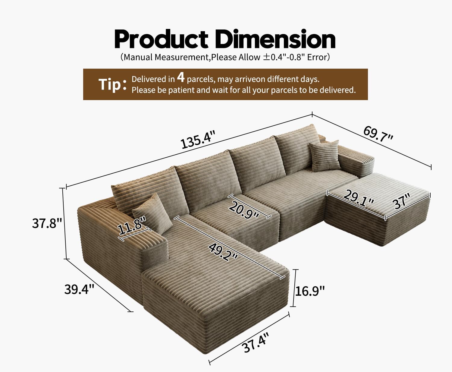 107.5 Cloud Modular Sectional Sofa Couch with L-Shape Chaise,Modern Minimalist Upholstered Couches for Living Room Bedroom,Deep Seat Corner Couch锛孨o Assembly Required (Black,Left Facing Chaise)