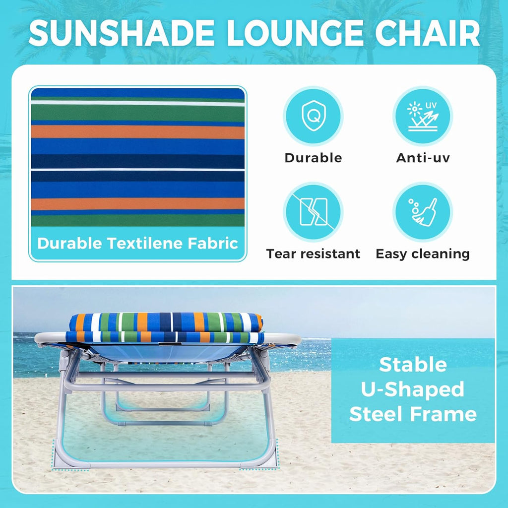 2 Pack Outdoor Chaise Lounge Chair - Portable Folding Patio Pool Lounge Chair, 5 Positions Adjustable Reclining Camping Chair with Side Table,Shoulder Strap, Pillow for Beach Sunbathing Lawn