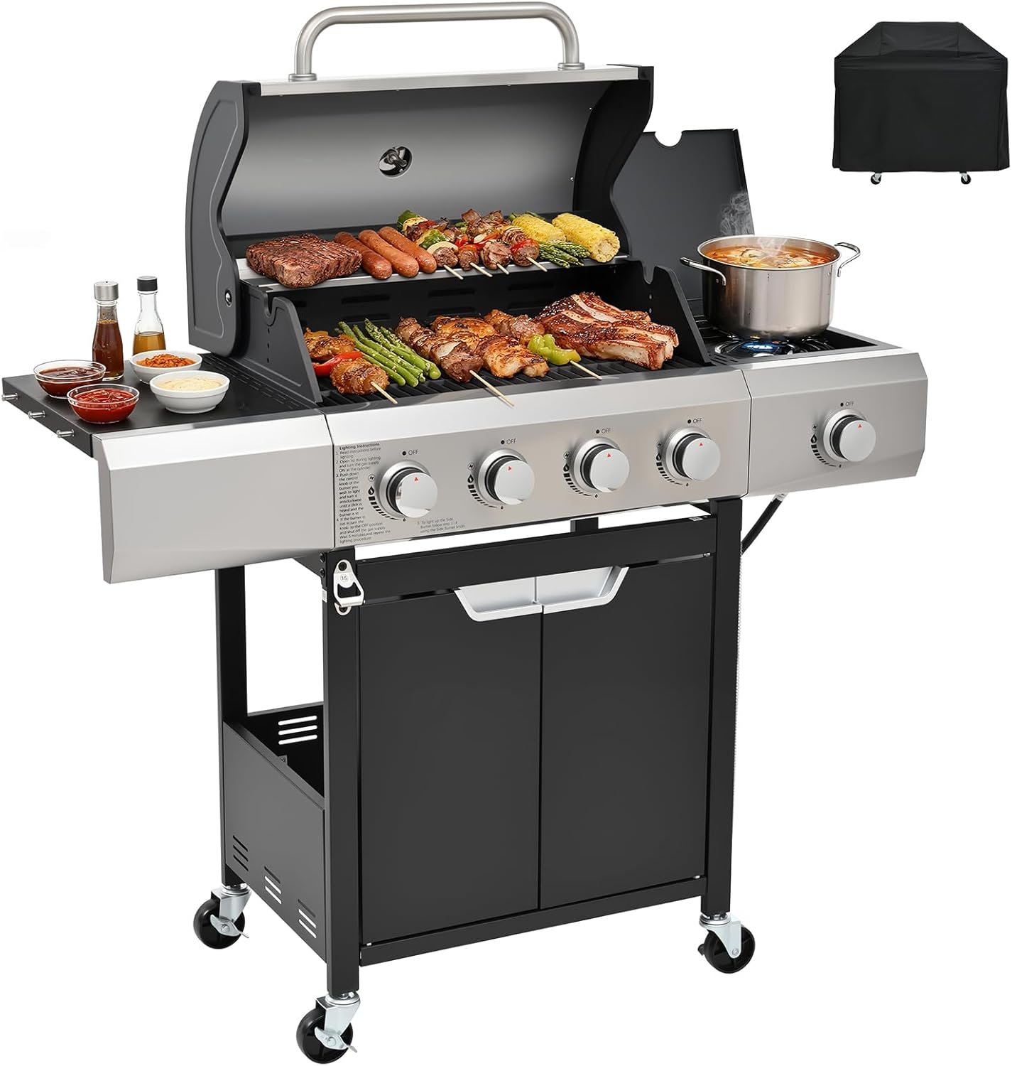 4-Burner Propane Gas BBQ Grill with Side Burner 46500 BTU Output Stainless Steel Barbecue Grill