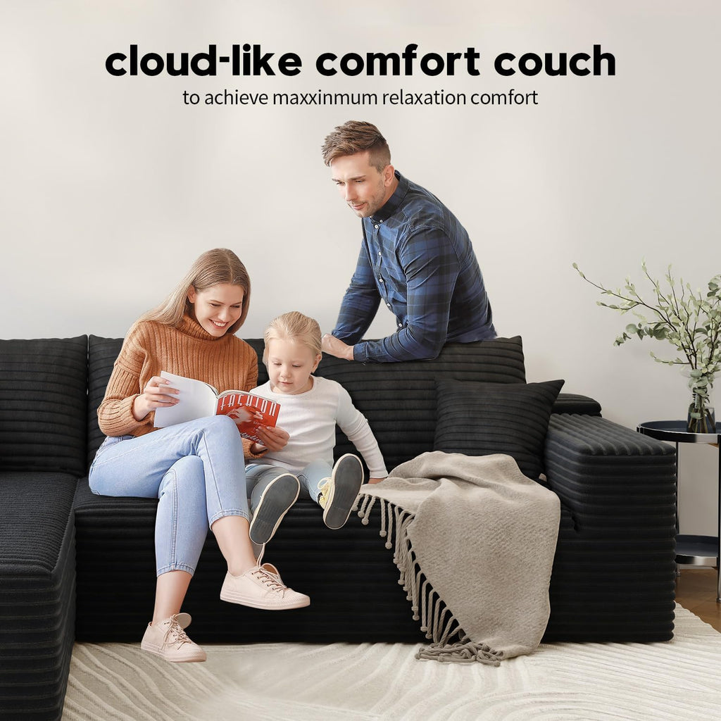 107.5 Cloud Modular Sectional Sofa Couch with L-Shape Chaise,Modern Minimalist Upholstered Couches for Living Room Bedroom,Deep Seat Corner Couch锛孨o Assembly Required (Black,Left Facing Chaise)