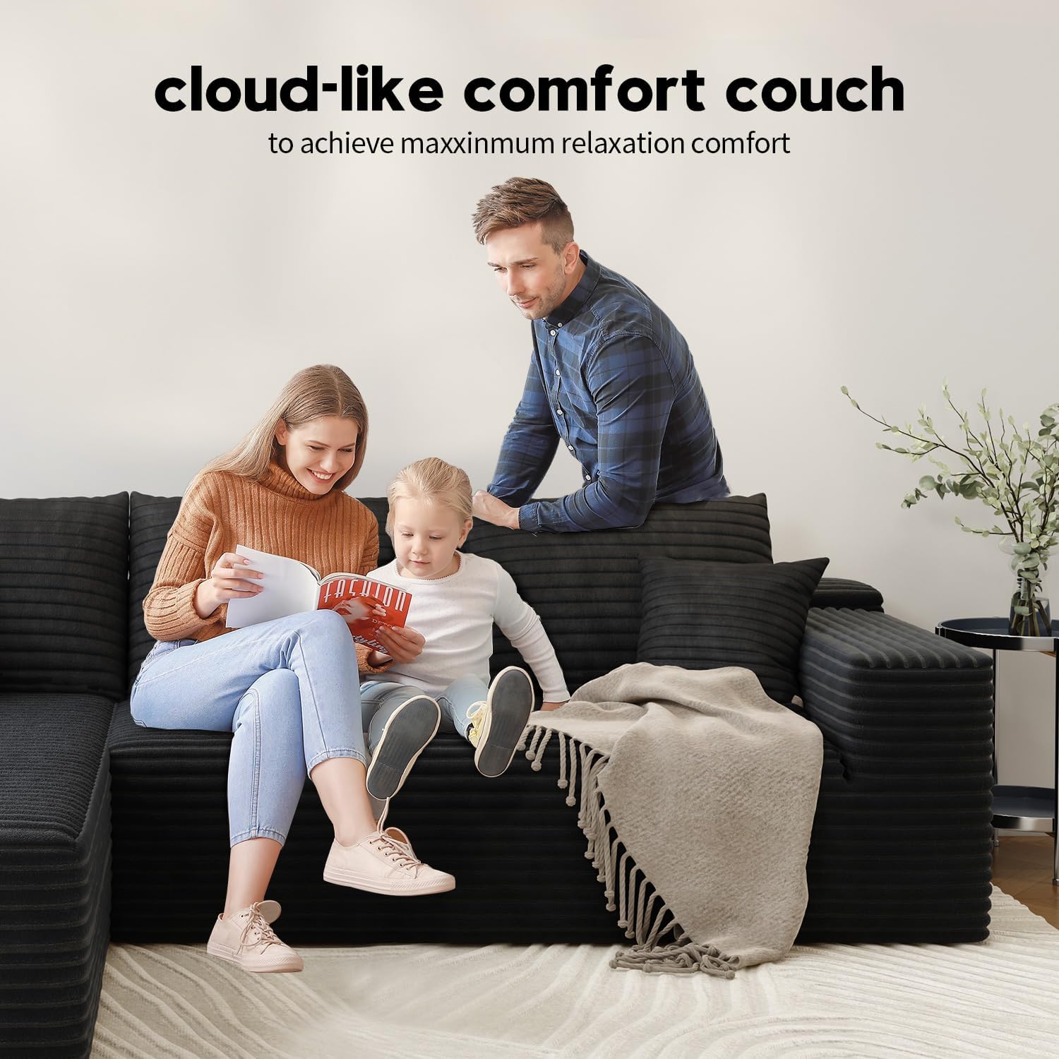 107.5 Cloud Modular Sectional Sofa Couch with L-Shape Chaise,Modern Minimalist Upholstered Couches for Living Room Bedroom,Deep Seat Corner Couch锛孨o Assembly Required (Black,Left Facing Chaise)