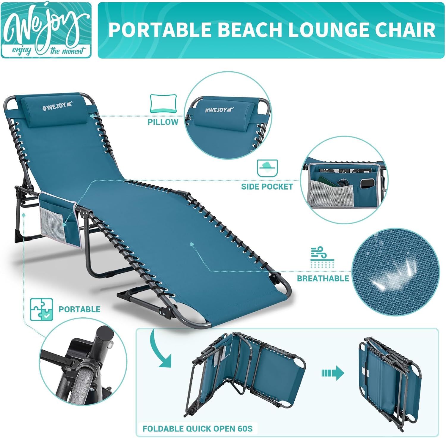 2 Pack Outdoor Chaise Lounge Chair - Portable Folding Patio Pool Lounge Chair, 5 Positions Adjustable Reclining Camping Chair with Side Table,Shoulder Strap, Pillow for Beach Sunbathing Lawn