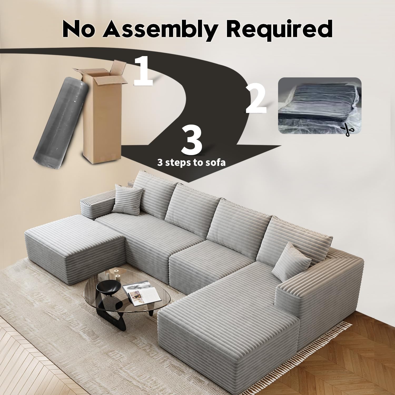 107.5 Cloud Modular Sectional Sofa Couch with L-Shape Chaise,Modern Minimalist Upholstered Couches for Living Room Bedroom,Deep Seat Corner Couch锛孨o Assembly Required (Black,Left Facing Chaise)
