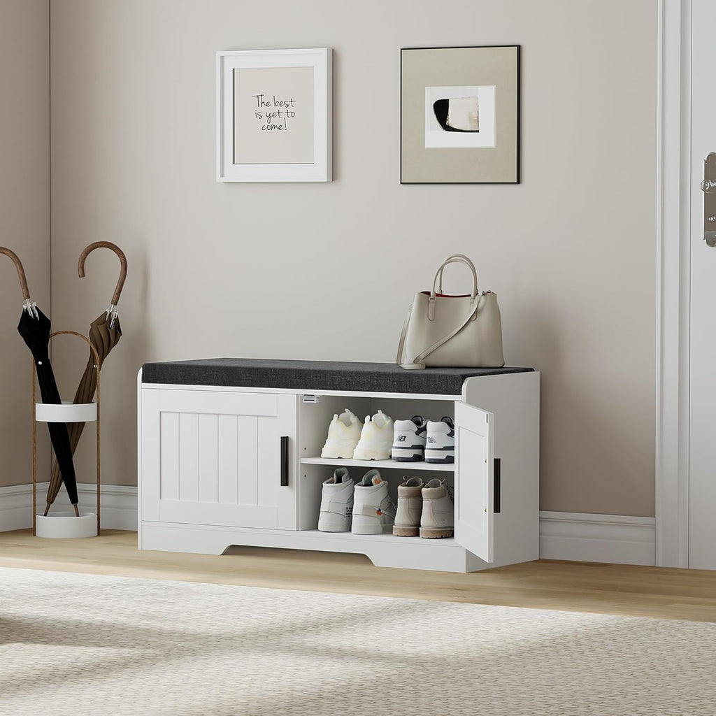 2-Tier Storage Bench, Shoe Bench with Thickened Padded Seat Cushion, Entryway Bench with 4 Doors, Adjustable Shelf, 13.8 D x 45.3 W x 18.5 H, for Entryway, Living Room, Bedroom, White
