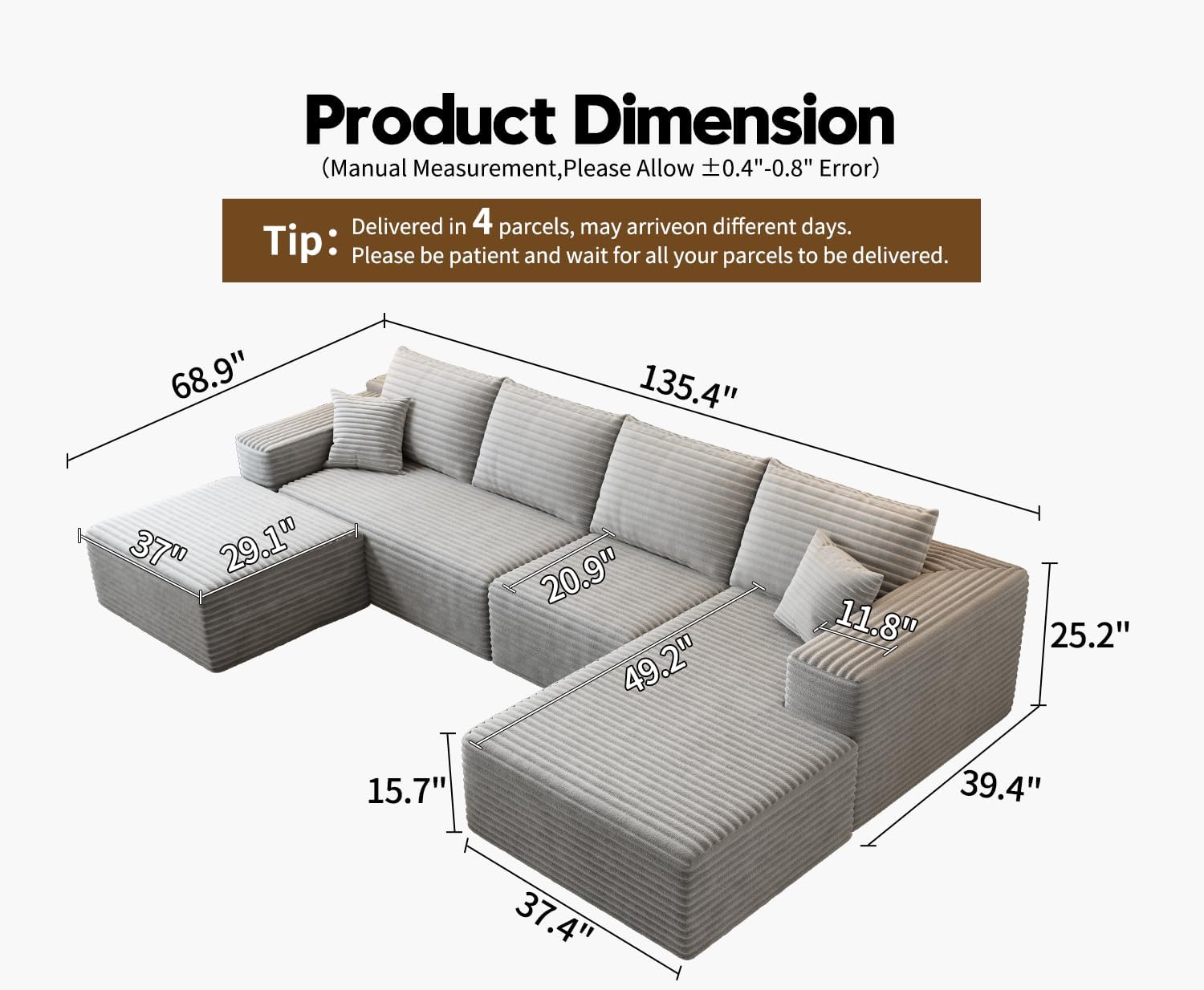 107.5 Cloud Modular Sectional Sofa Couch with L-Shape Chaise,Modern Minimalist Upholstered Couches for Living Room Bedroom,Deep Seat Corner Couch锛孨o Assembly Required (Black,Left Facing Chaise)