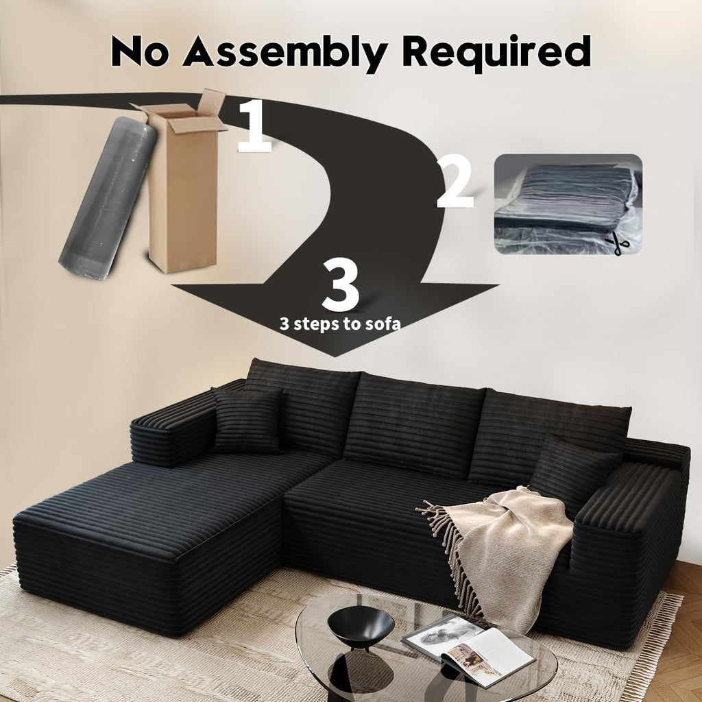 107.5 Cloud Modular Sectional Sofa Couch with L-Shape Chaise,Modern Minimalist Upholstered Couches for Living Room Bedroom,Deep Seat Corner Couch锛孨o Assembly Required (Black,Left Facing Chaise)