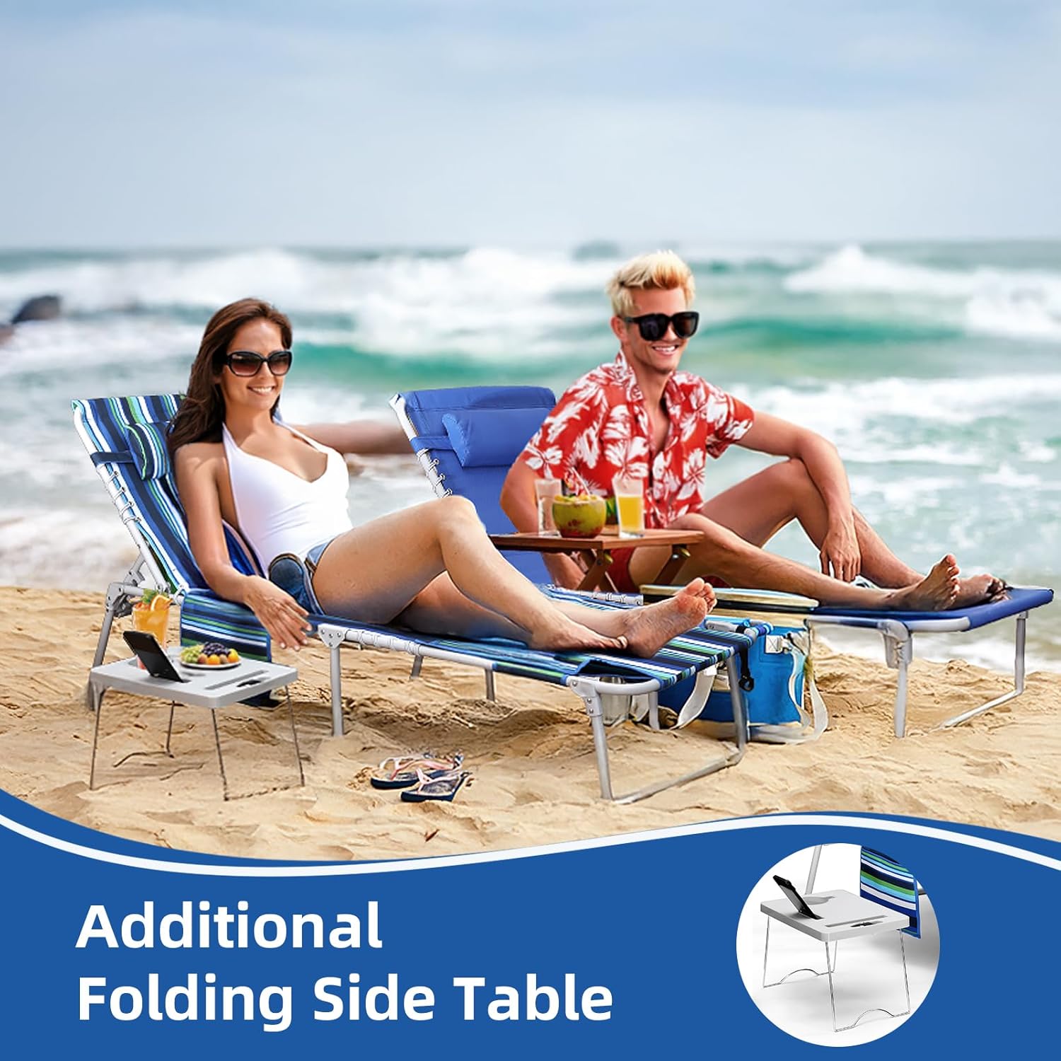 3-in-1 Beach Chair Face Holes Lounge Chair Outdoor with Folding Side Table 5-Position Recliner, Lay Flat Removable Pillow Heavy Duty, Max 330lbs, Poolside, Patio, Camping Backyard Striped Blue