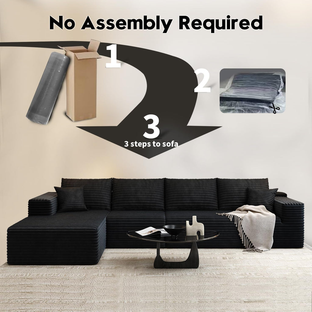 107.5 Cloud Modular Sectional Sofa Couch with L-Shape Chaise,Modern Minimalist Upholstered Couches for Living Room Bedroom,Deep Seat Corner Couch锛孨o Assembly Required (Black,Left Facing Chaise)