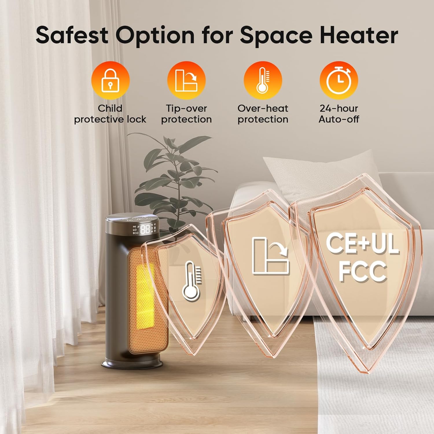 1500W Space Heaters for Indoor Use, Smart PTC Electric Heater with Wifi/App & Remote Control, 24H Timer, 90æŽ?Oscillation, Overheat and Tip-Over Protection, 5 Modes for Home Office Bedroom Bathroom