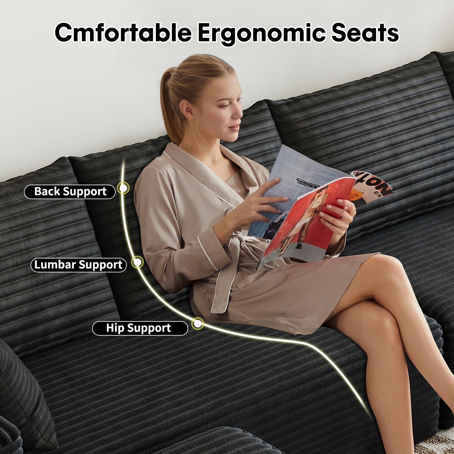 107.5 Cloud Modular Sectional Sofa Couch with L-Shape Chaise,Modern Minimalist Upholstered Couches for Living Room Bedroom,Deep Seat Corner Couch锛孨o Assembly Required (Black,Left Facing Chaise)